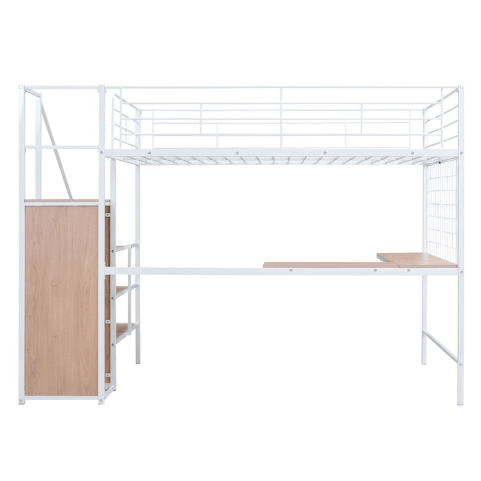 Loft Bed With Desk And Grid, Stylish Frame With Lateral Storage Ladder And Wardrobe
