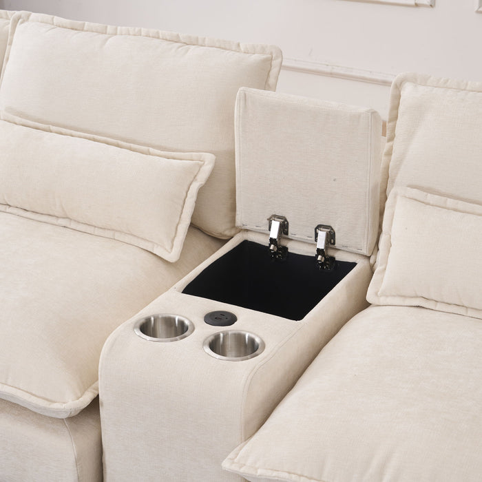 U Shaped Sofa With Console, Cupholders, USB Ports, 6 Seat, Bronzing Suede & Chenille
