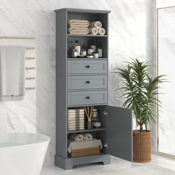 Tall Storage Cabinet With 3 Drawers And Adjustable Shelves For Bathroom