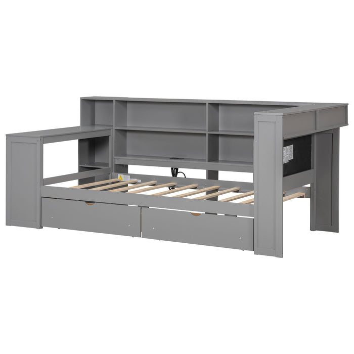 Platform Bed With Upholstered Headboard, Storage Shelves, Drawers, Charging Station, LED Lighting, Built In Desk