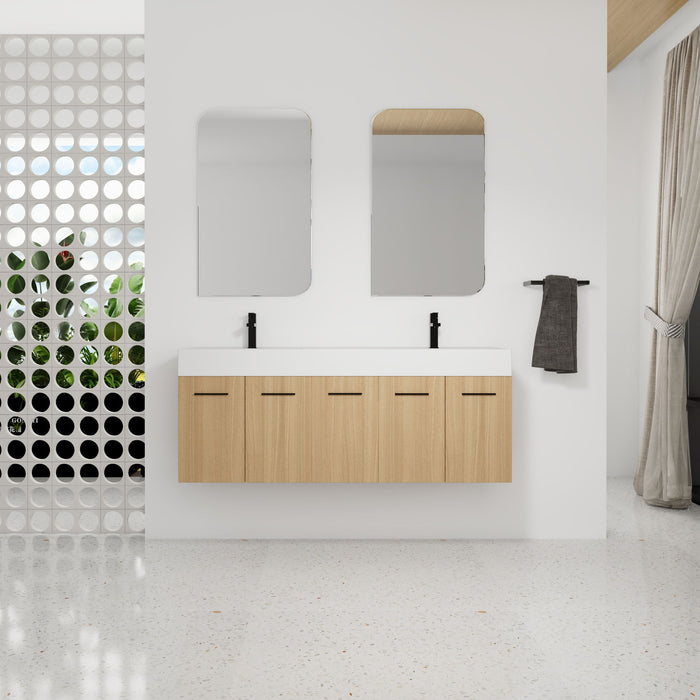 Floating Double Sink Bathroom Vanity With Extra Large Storage, Integrated Sink, Soft Close Doors, Wall Mounted Bath Vanity - Glossy White / Light Oak