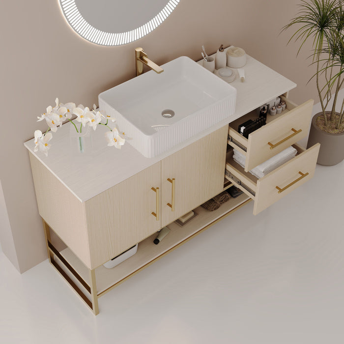 Bathroom Vanity With Vessel Sink Accent Free Standing Cabinet - Ameican White Oak / Gold / White