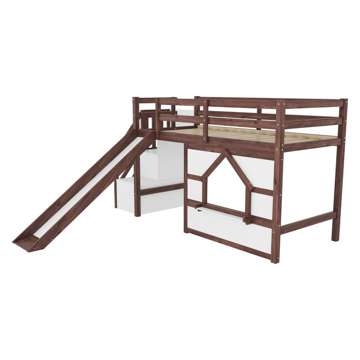 Loft Bed With Storage Stairs, Slide, Playhouse Window And 7 Colors LED Lights