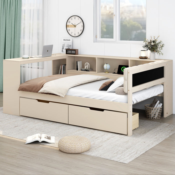 Upholstered Headboard Platform Bed With Storage Shelves, Drawers, Charging Station