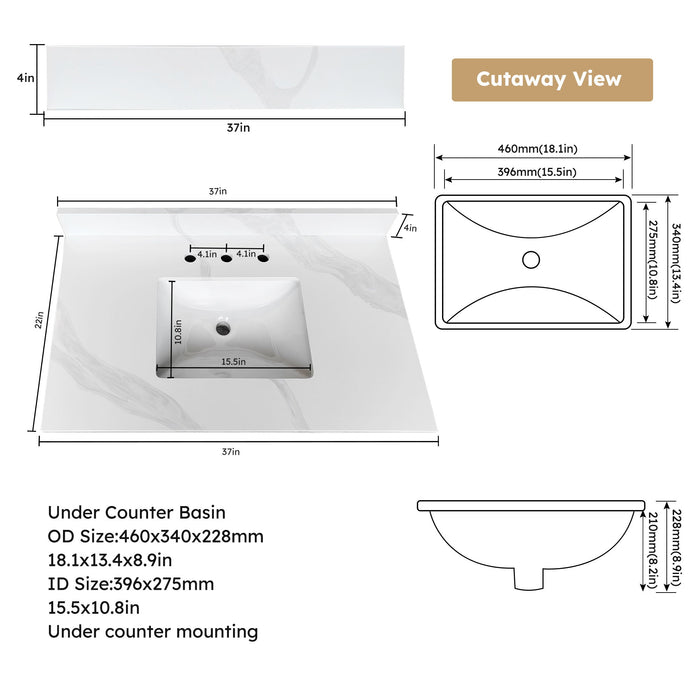 Bathroom Vanity Top With Undermount Sink, 3 Pre Drilled Holes