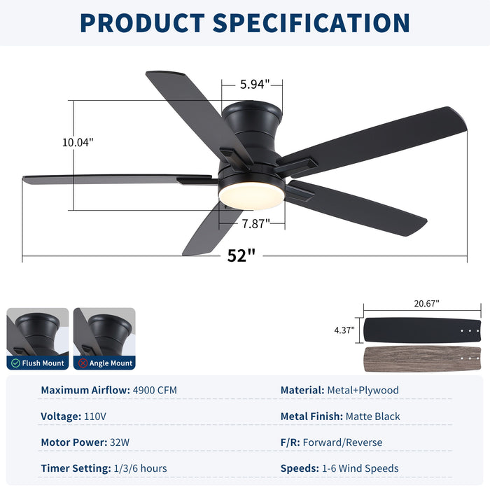 Mordern Flush Mount Ceiling Fan With Light And Remote Control