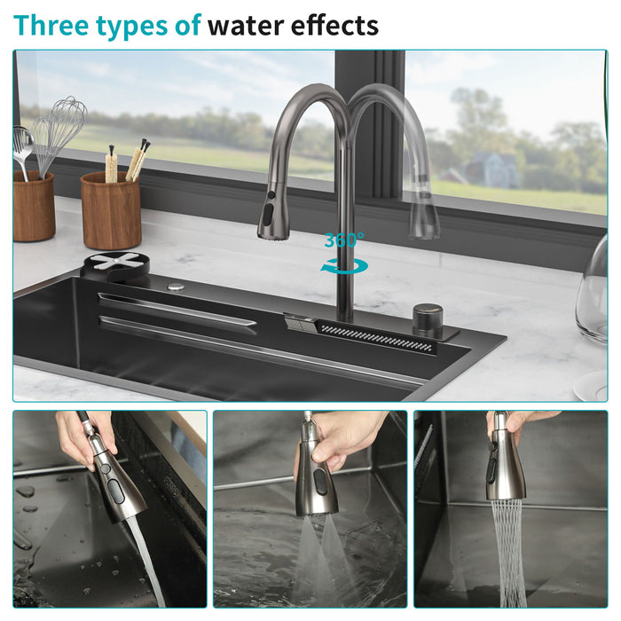 33" Stainless Steel Single Bowl Kitchen Sink With Waterfall Flow