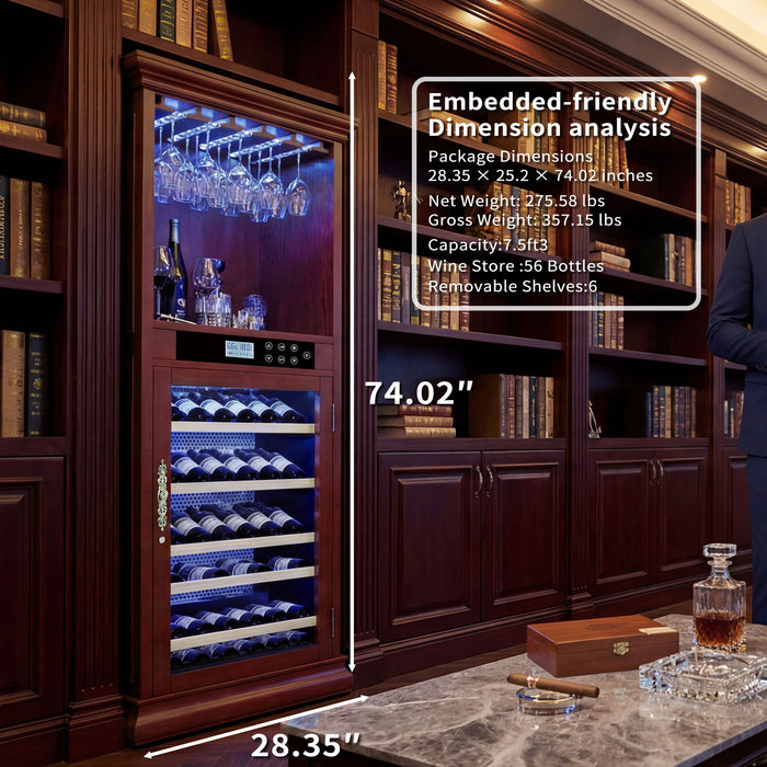 Single Zone Wine Cooler With Tempered Glass Door LED Lighting, 56 Bottle Capacity, Touch Screen Control - Cherry