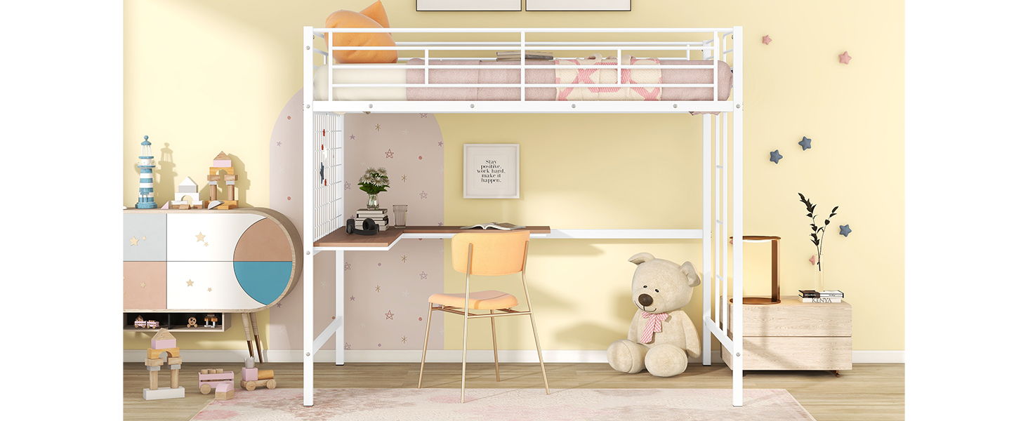 Full Loft Bed With Desk And Grid - White