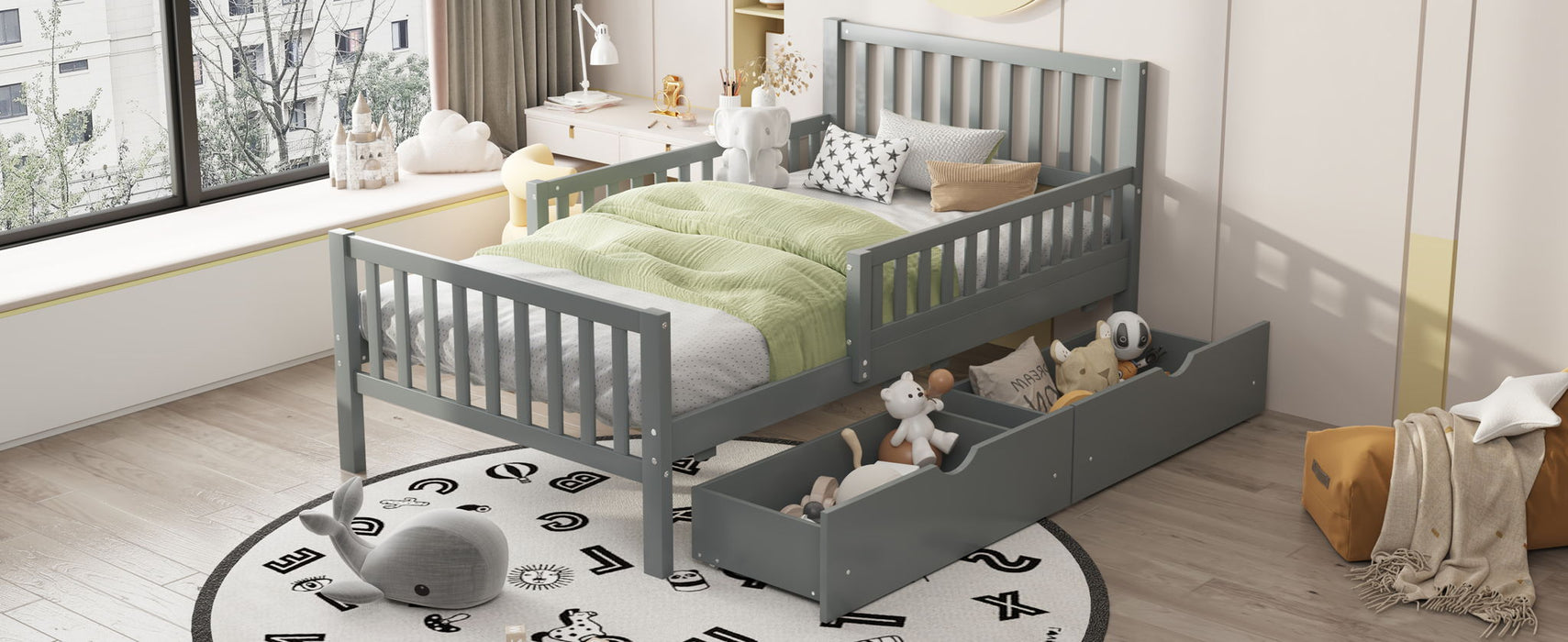 Platform Bed With Guardrails On Both Sides And 2 Storage Drawers