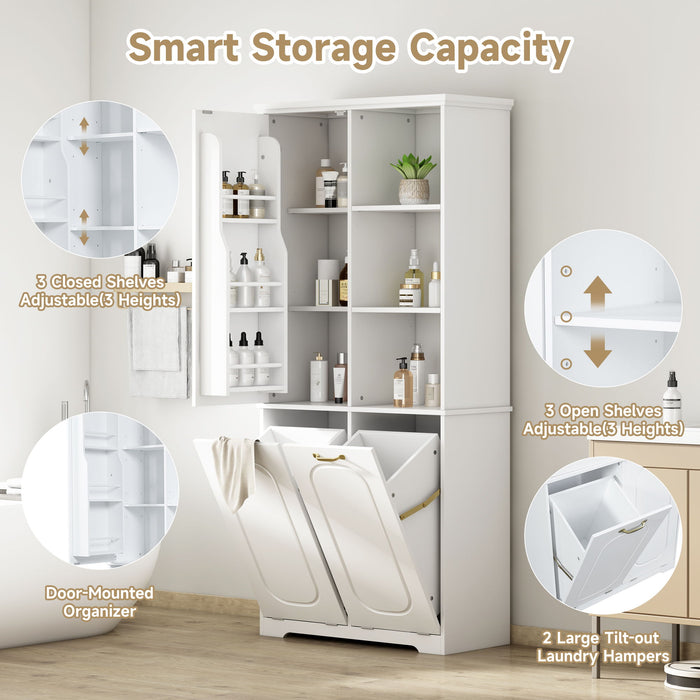 Freestanding Tall Storage Cabinet With 2 Tilt Out Hampers