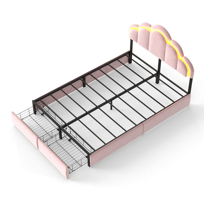 Full RGB LED Upholstered Platform Bed With Petal Headboard And Storage Drawers For Kids Bedroom - Pink