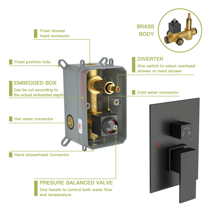 Dual Shower Head System With 12" Square Rain Shower And Rough In Valve