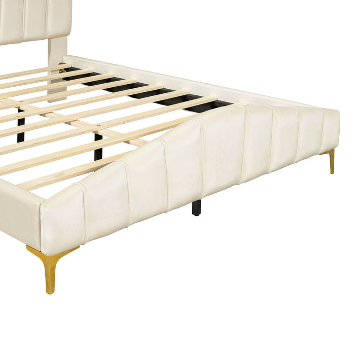 Platform Bed With Thick, Stylish Stripe Decorated Bedboard And Elegant Leg