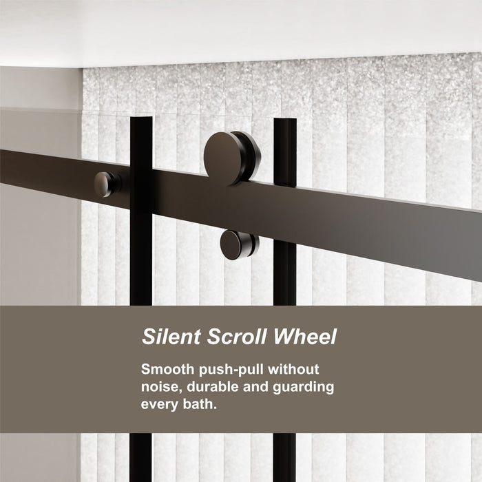 Frameless Shower Door Single Sliding, Clear Tempered Glass Shower Door With Zinc Roller Rail System, Stainless Steel Handle - Black