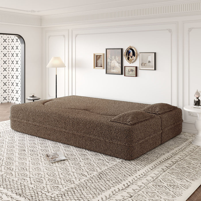 Modern Floor Sofa, With 2 Pillows, Convertible Teddy Fabric Foam Filled Bed