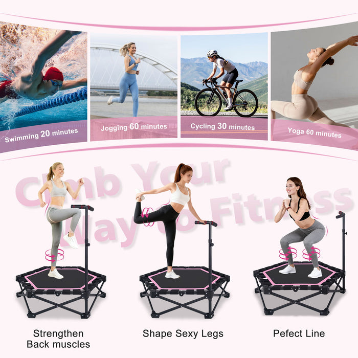 Foldable Mini Trampoline, 1 Step Fold & Open, 3 Level Adjustable T - Bar, Indoor & Outdoor Workout - Black / Pink