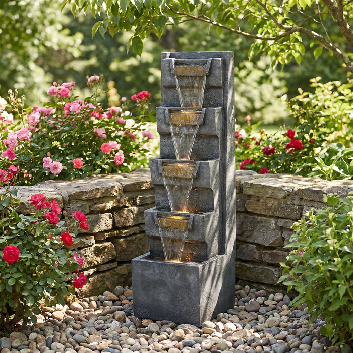 4 Tier Cascading Waterfall Fountain With Warm LED Lights, For Patio - Gray
