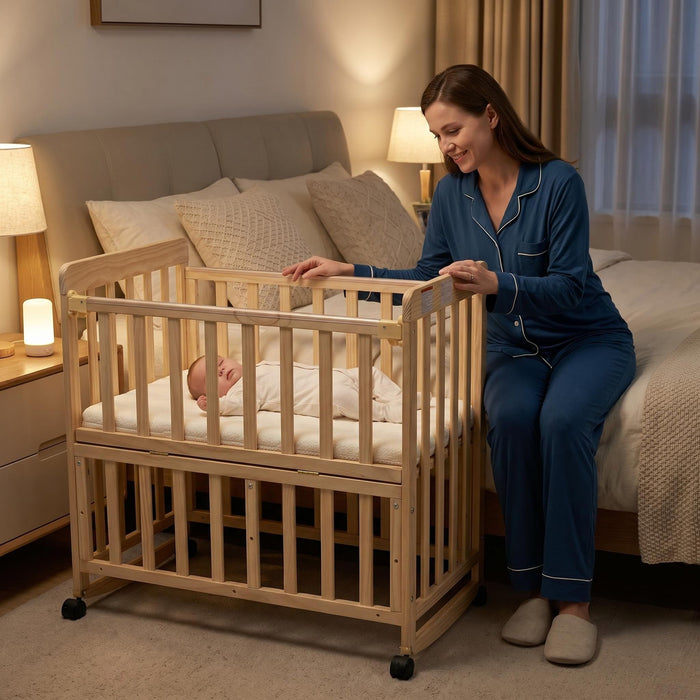 Portable Bedside Bassinet With 3 Adjustable Heights, Mini Crib For Newborns - Natural Wood