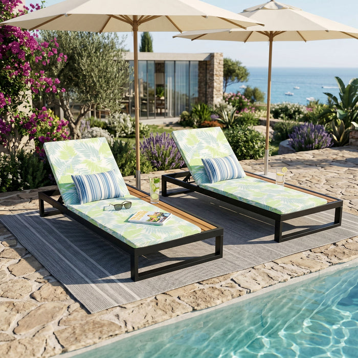 Chaise Lounge Set, 5 Position Adjustable, Flat Side Surface Storage