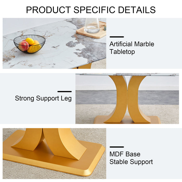 Modern Minimalist Dining Table With Imitation Marbled Glass Top And Legs For Kitchen And Living Room - Gold