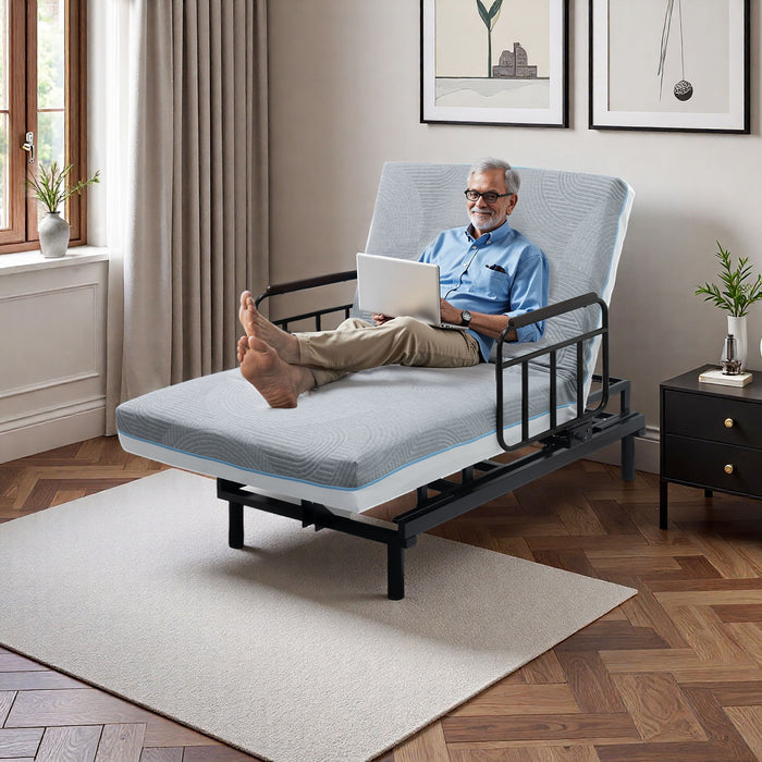 Electric Lift Bed For Seniors With Remote Control, Memory Foam Mattress, Safety Rails & Detachable Tray - Black / Gray