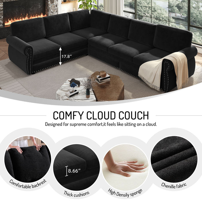 L-Shaped Sofa Couch With Pull Out Bed With Nailhead Trim & Rolled Arm