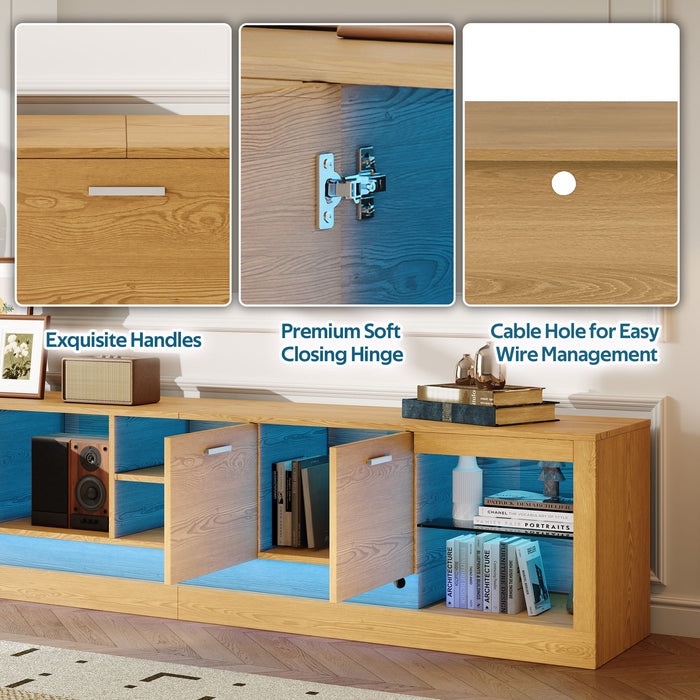 TV Stand With 6 Cabinets & 2 Open Compartments, Entertainment Center For TVs Up To 90'', Television Console - Natural Wood