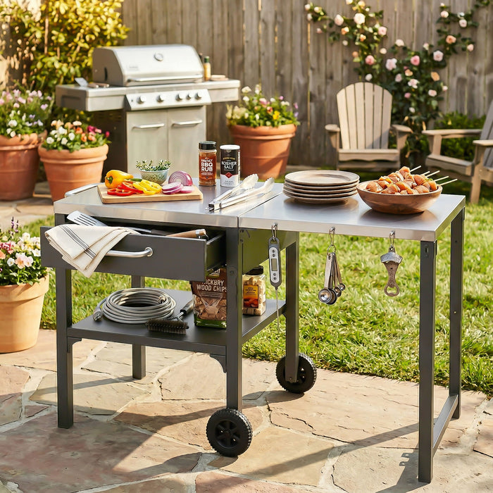 Foldable Outdoor Kitchen Cart With Storage For Patio