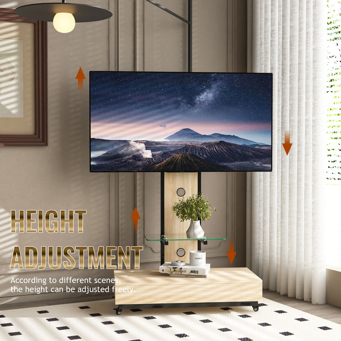 Mobile TV Cart With Push Pull Drawer, Lockable Wheels