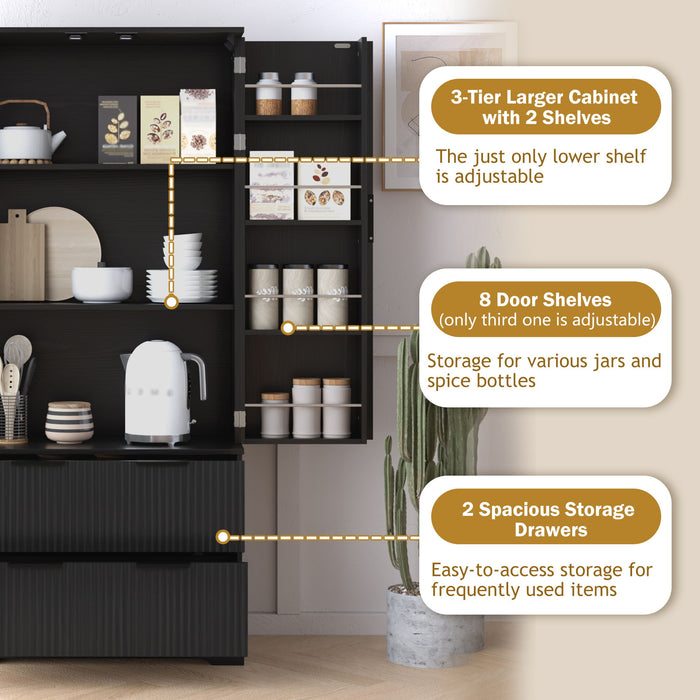 Fluted Kitchen Pantry Cabinet With 2 Large Drawers & 8 Door Spice Rack Freestanding Storage Organizer - Black