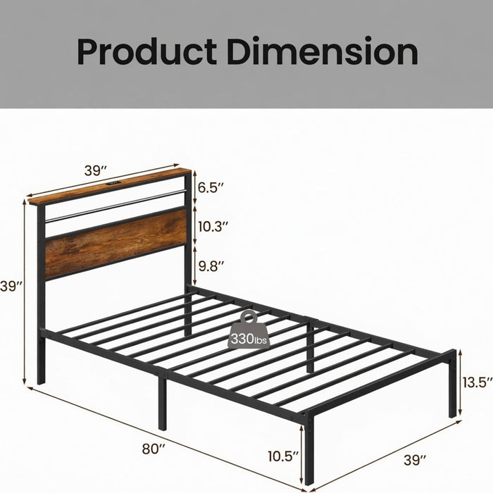 Platform Bed Frame With Charging Station & Headboard Shelves