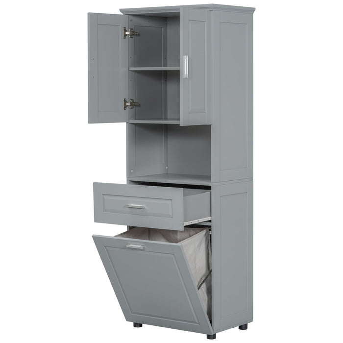 Tall Bathroom Cabinet With Tilt-Out Laundry Basket And Upper Storage