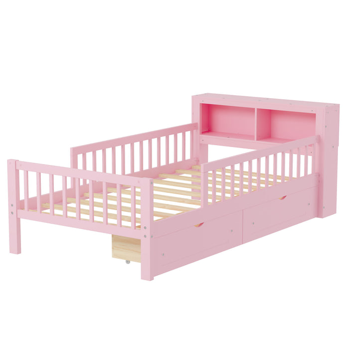 Bed With Headboard Storage Rack, 2 Under Bed Drawers, 3 Side Guardrails For Safety