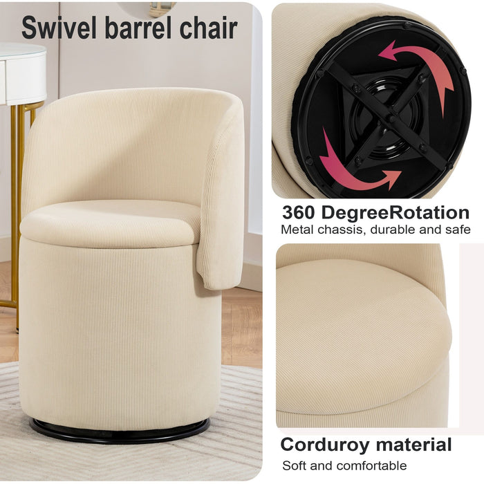 Barrel Chair, Built In Storage, 360° Swivel - Beige