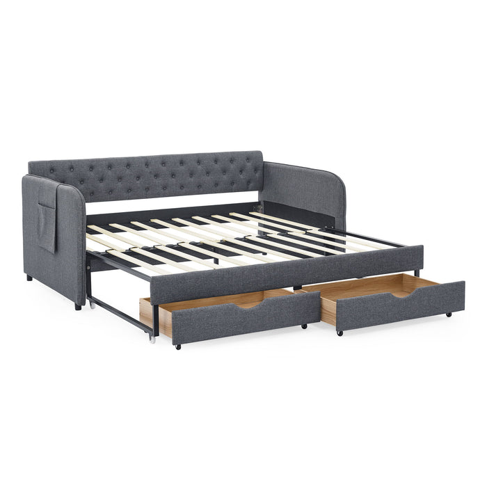 Daybed With Trundle And Storage Drawers, Flat Arms With Pocket