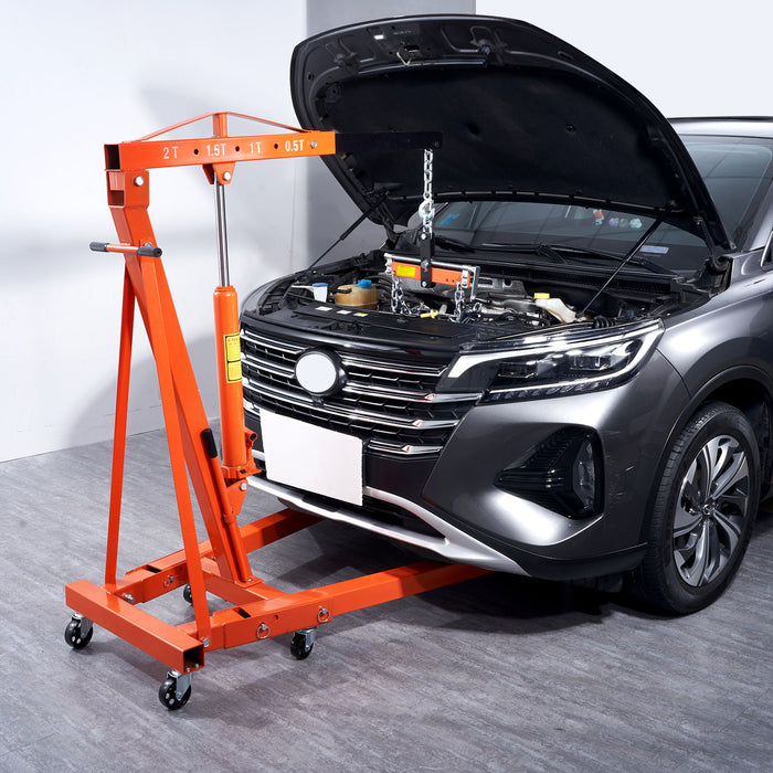 Hydraulic Engine Hoist With Lever, 2 Ton Capacity, Foldable Design For Auto Repair - Orange