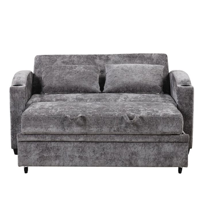 Pull Out Loveseat Sofa With Adjsutable Backrest, 2 Pillows, Cup Holders, USB Ports For Living Room