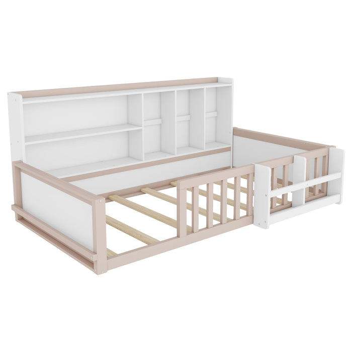 Platform Bed Frame With Guardrail, Storage Shelves & Bookshelf
