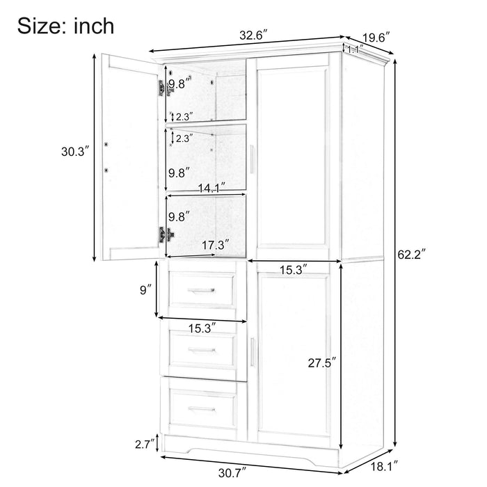 Tall And Wide Storage Cabinet With Doors, 3 Drawers