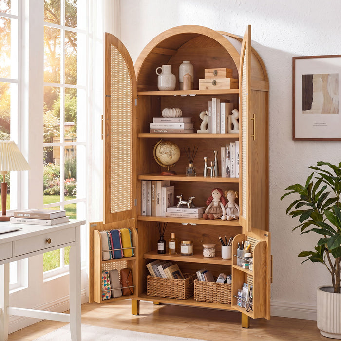 Tall Arched Cabinet With Rattan Doors & Adjustable Shelves