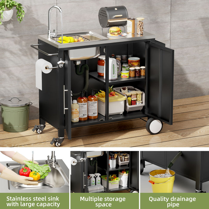 Outdoor Grill Cart With 304 Stainless Steel Sink And Cabinet - Black / Silver