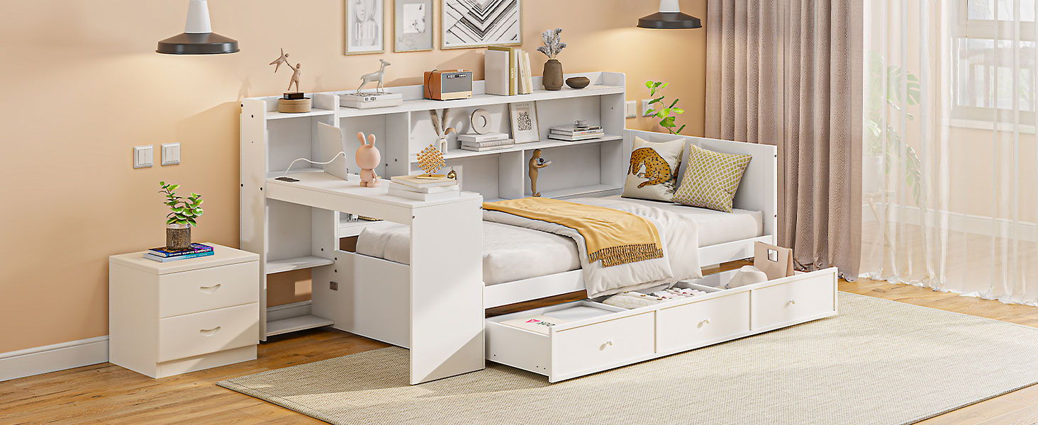 Daybed With 3 Drawers USB Ports And Desk