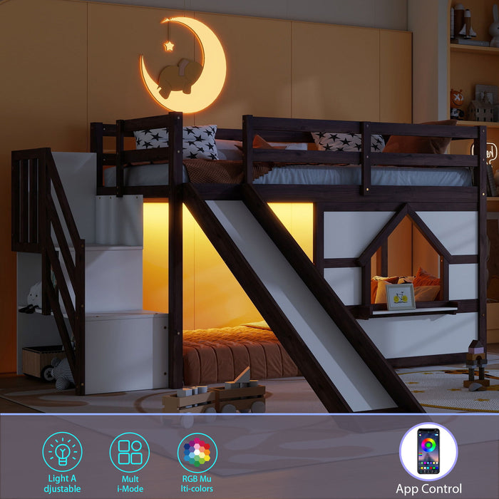 Loft Bed With Storage Stairs, Slide, Playhouse Window And 7 Colors LED Lights