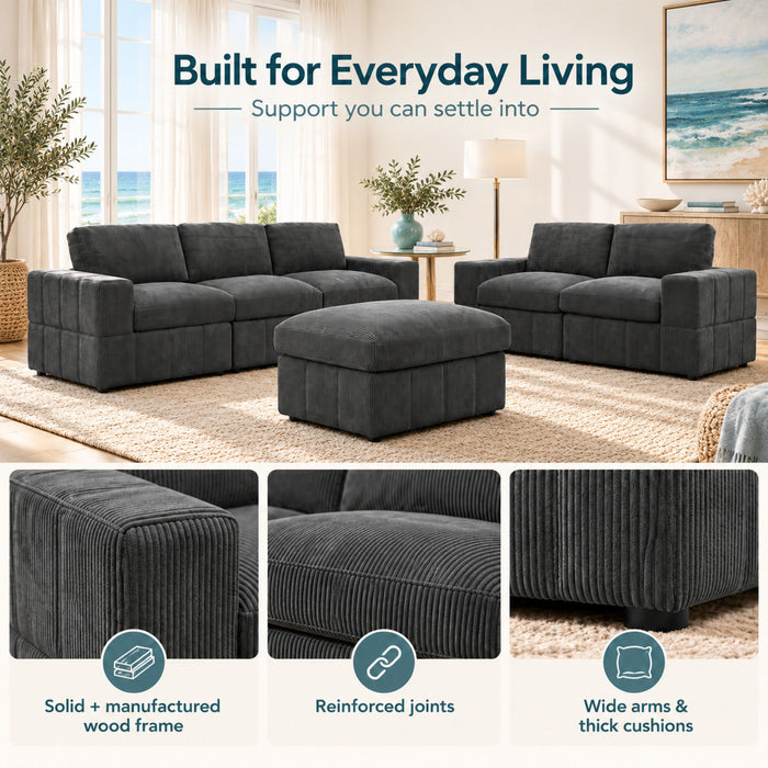 Oversized Modular Sectional Sofa Set With Loveseat & Ottoman, 6 Piece Living Room Furniture - Dark Gray