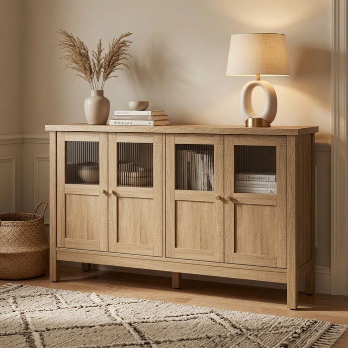Buffet Cabinet With 4 Doors, Adjustable Shelves Handles - Natural