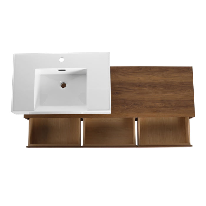 Wall Mounted Bathroom Vanity With Resin Sink And 2 Side Cabinet, 3 Soft Close Drawer - Brown Ebony