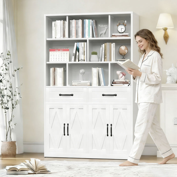 Bookcase Tall With 2 Doors & 2 Drawers, Fixed Open Shelves - White