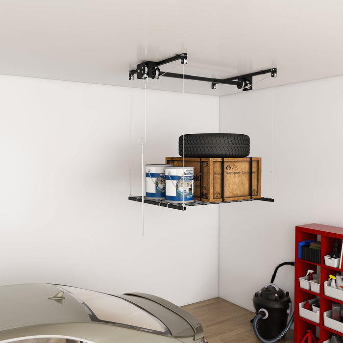 Overhead Garage Storage Rack 4 X 4 Ft For High Ceilings, With Safety Lock - Black