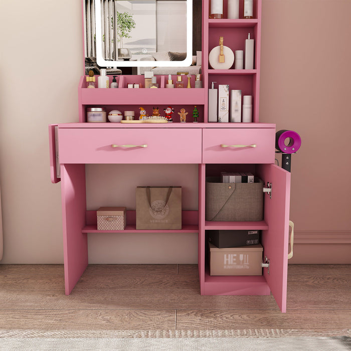 Vanity Desk With LED Mirror Lights And Power Outlet Charging Station, 3 Drawers, 7 Shelves, Storage Stool - Pink
